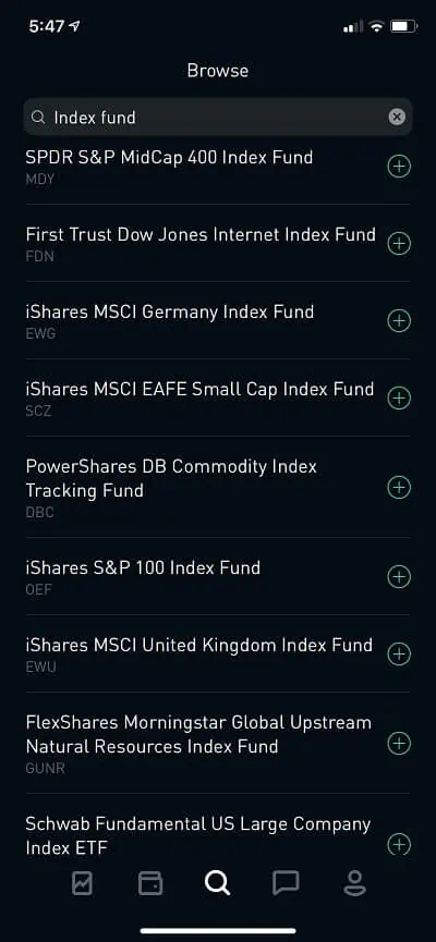 robinhood index fund list
